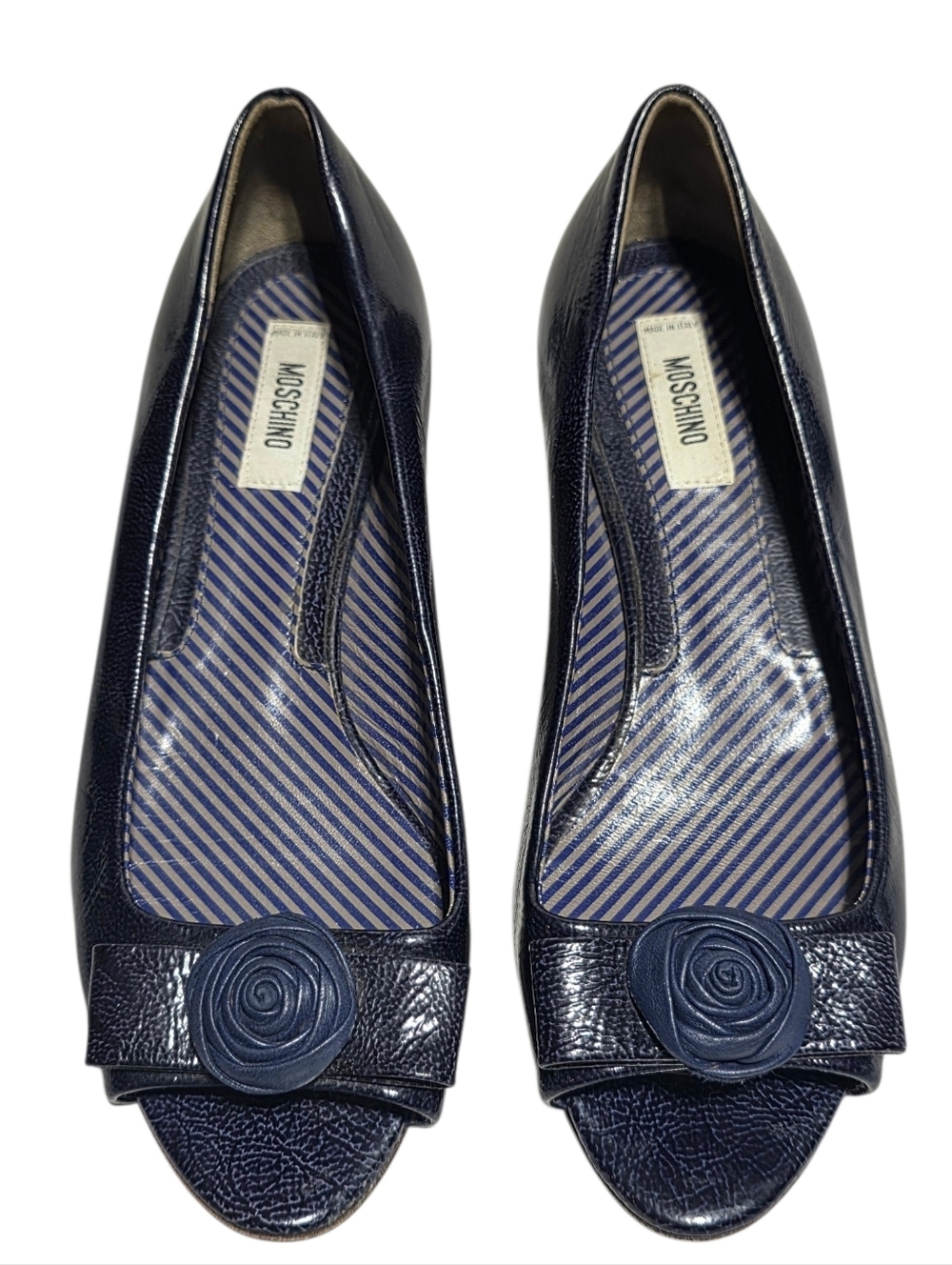 MOSCHINO NAVY LEATHER ROSETTE PEEP TOE FLATS SZ 38(7.5)